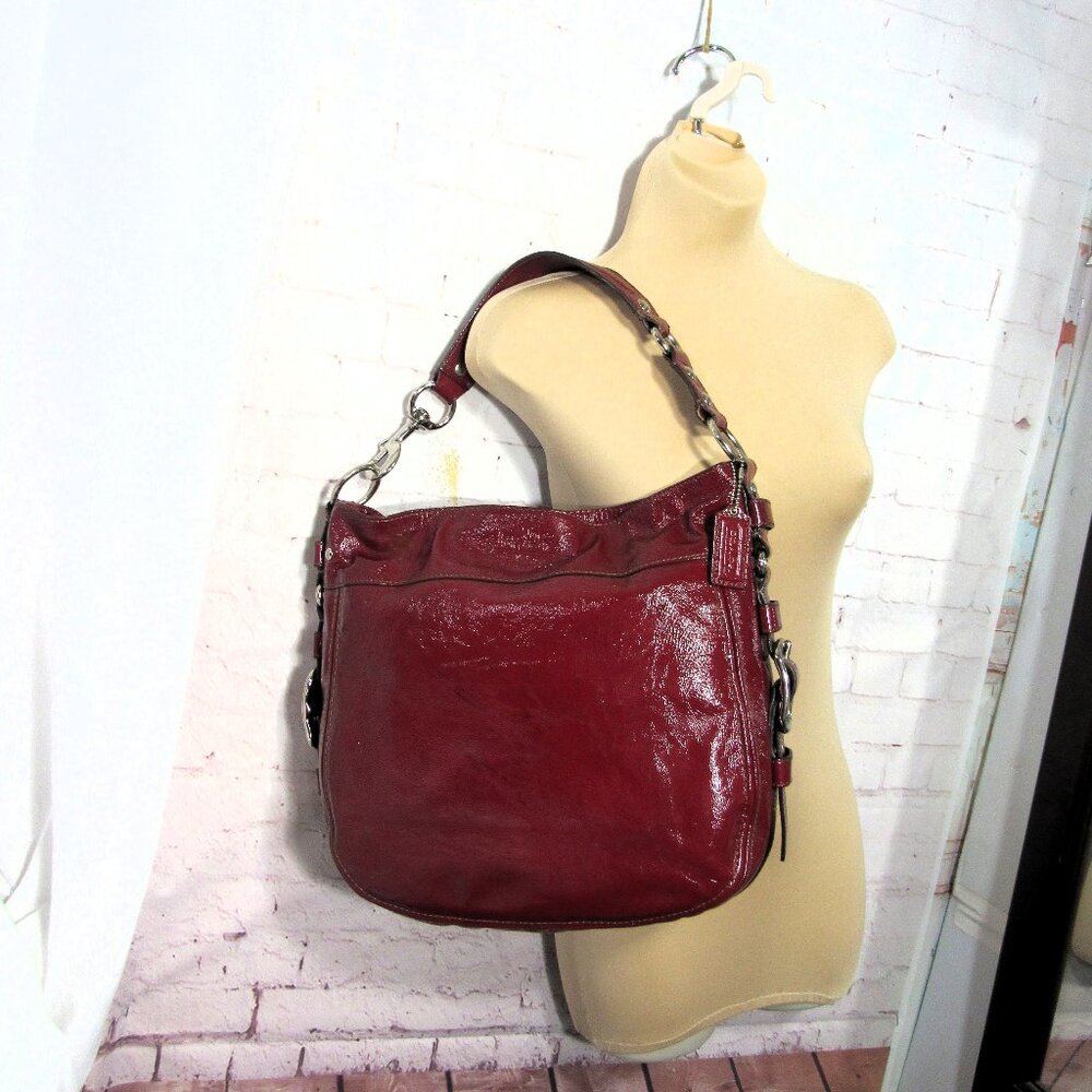 COACH ZOE EDITORIAL BAG XL  12 x 14 x 4 Burgundy Red Patent Leather Shoulder Bag - Picture 3 of 11